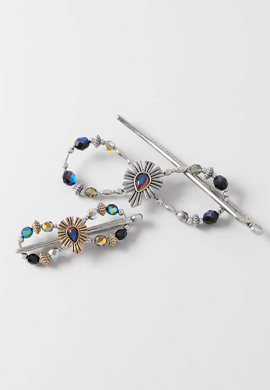 Flexi Hair Clip with Sun rays with jet aurora borealis beadwork available in silvertone and mixed metal. 