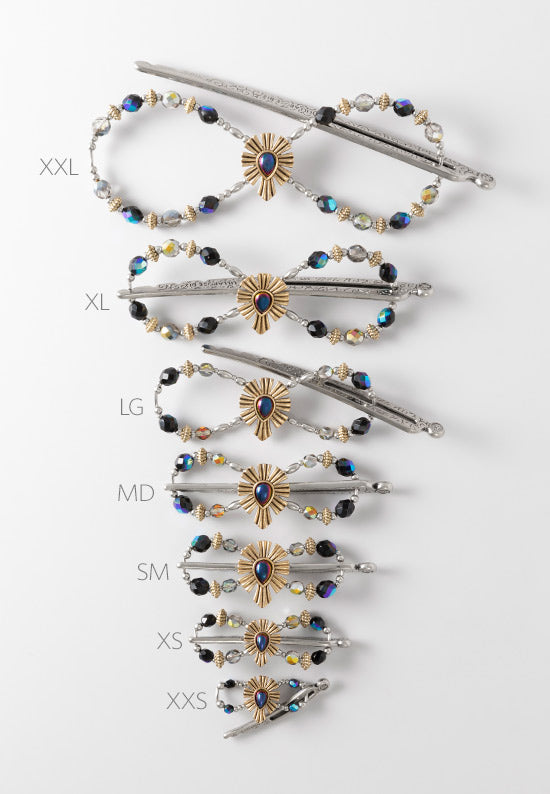 Flexi Hair Clip with Sun rays with jet aurora borealis beadwork available in silvertone and mixed metal in 7 sizes.