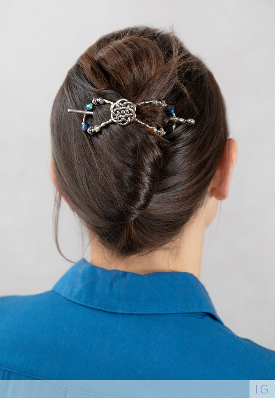 Flexi with celtic knot with jet black aurora borealis and maria glass bead accents in brown hair