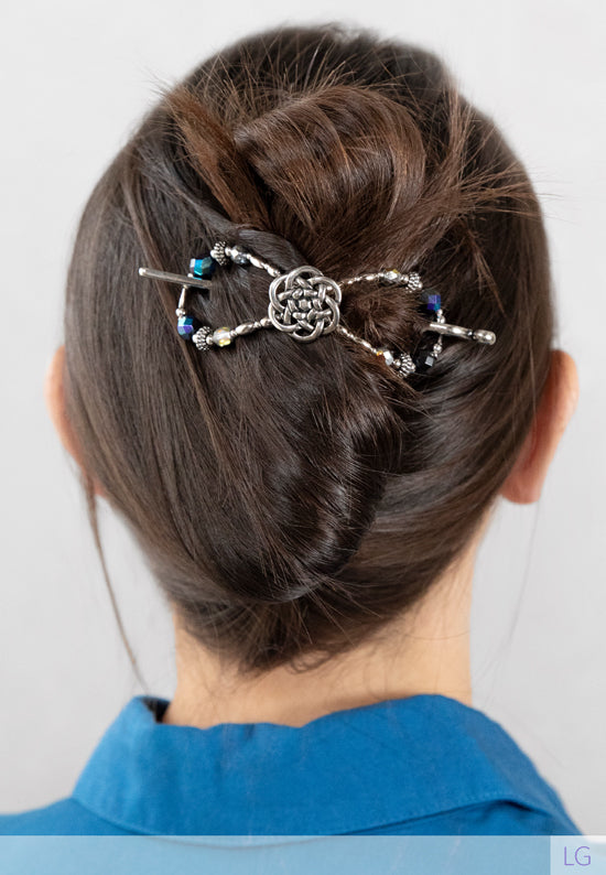 Flexi with celtic knot with jet black aurora borealis and maria glass bead accents in brown hair