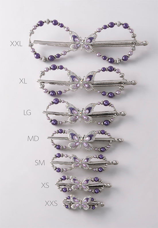 Flexi with butterfly and delicately detailed wings and lavender and purple pearls in all 7 sizes