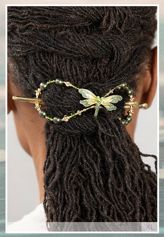 Gorgeous dragonfly flexi clip with delicate wings and brass, metallic green and olivine accents shown in hair.