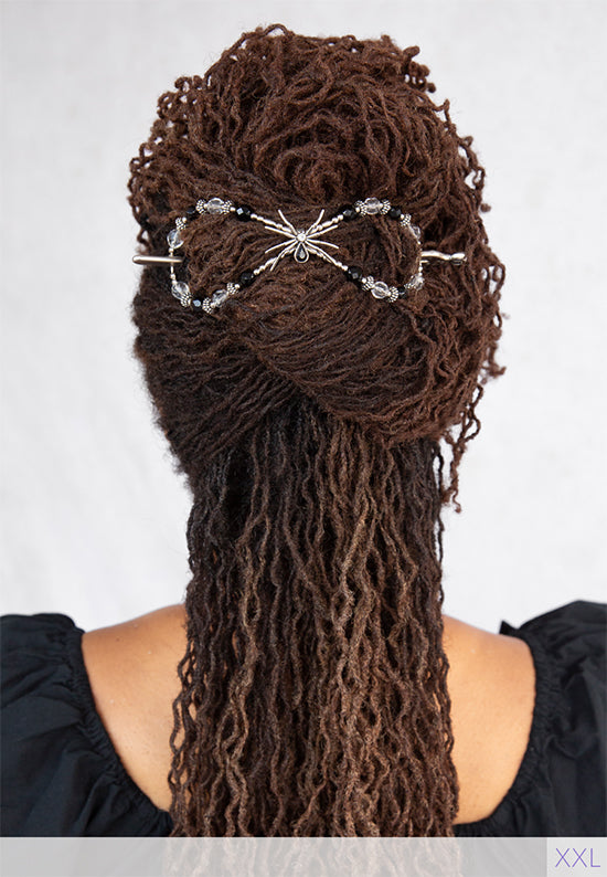 Flexi hair clip with eight legged spider with crystal and jet black accents in dark locs