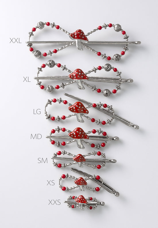 Flexi hair clip with mushroom with a bright red cap and matching beads in all 7 sizes