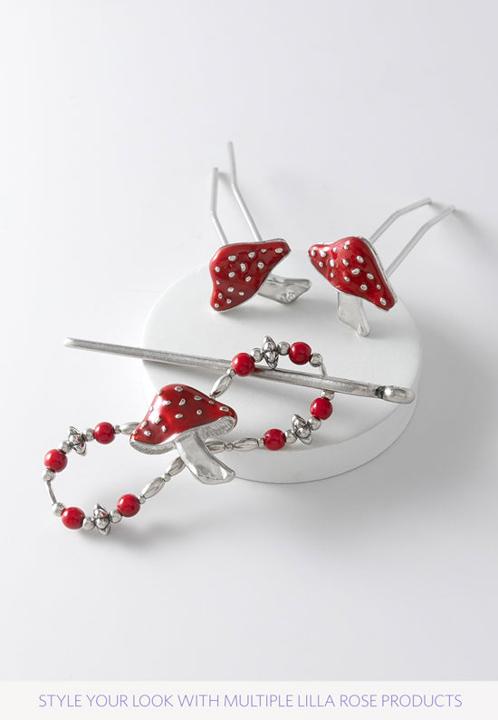 Flexi hair clip with mushroom with a bright red cap and matching beads with  similar U-Pins