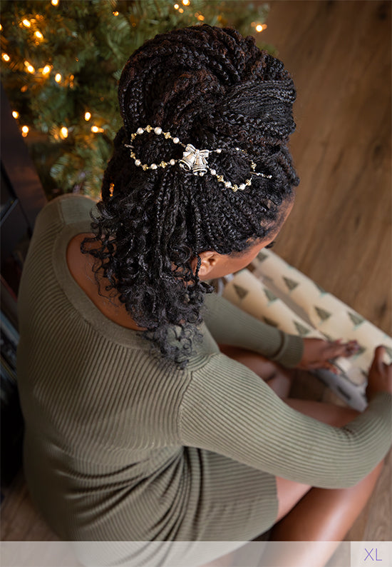 Flexi Hair Clip with pair of festive silver bells with mixed metal accents in braided locs