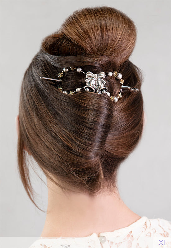 Flexi Hair Clip with pair of festive silver bells with mixed metal accents in auburn hair