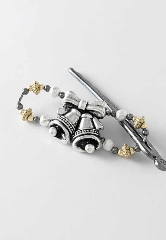 Flexi Hair Clip with pair of festive silver bells with mixed metal accents.