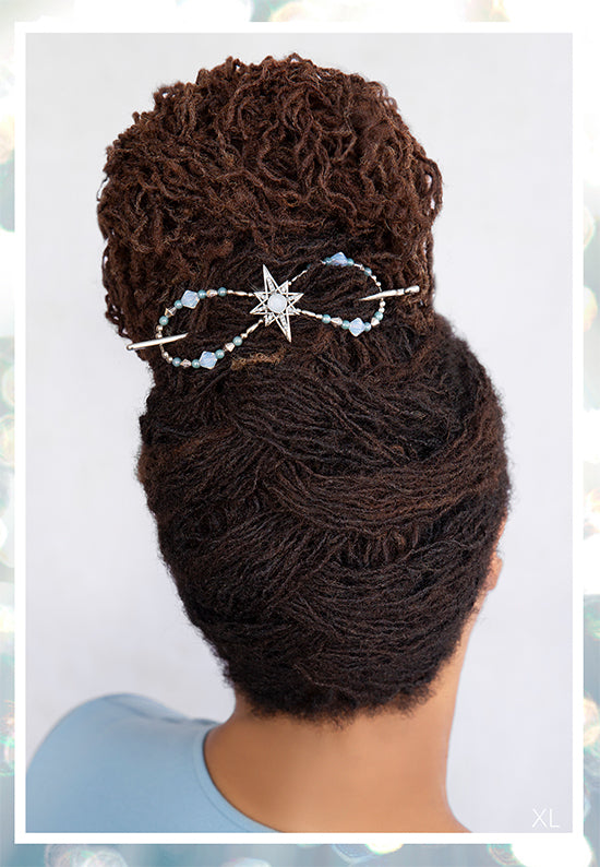 Flexi hair clip with star and crystals and a frosted clear center with nebula green accents in Sister Locs