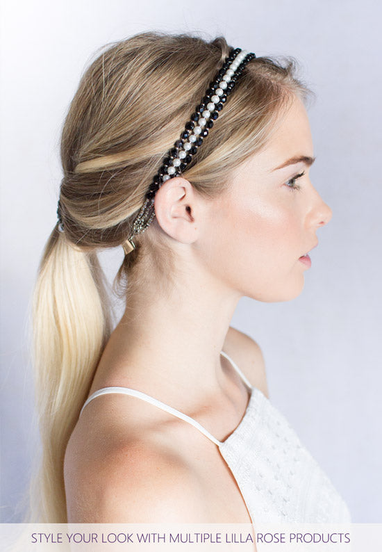A combined styled look with beaded white and black hairbands.