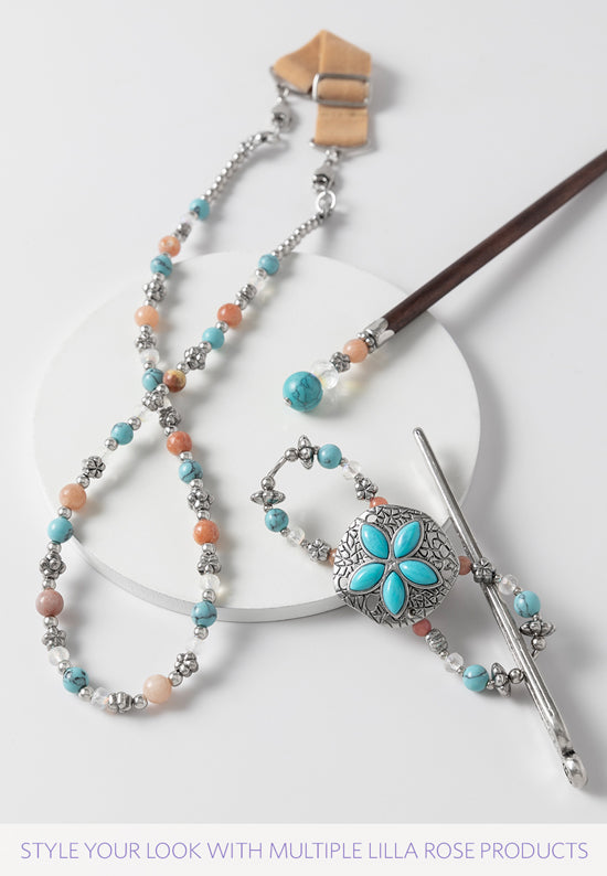 Coordinating hair accessories with turquoise and pink natural stone featuring the Tallulah hair stick, Sandra flexi and Shiloh hairband.