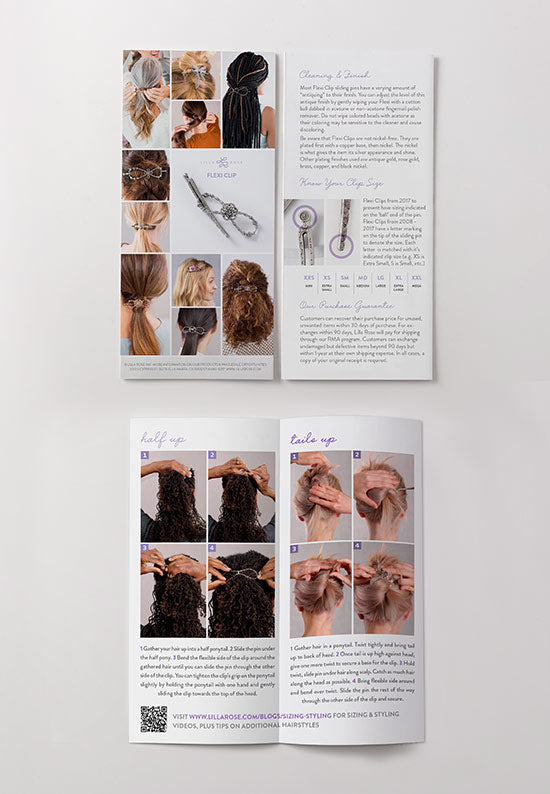 Cover to cover Flexi Clip brochure highlighting the Flexi Clip hair styles, and functionality.