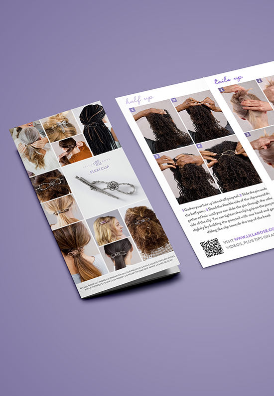 Front cover and preview of the Flexi Clip brochure highlighting the hair styles, and functionality.