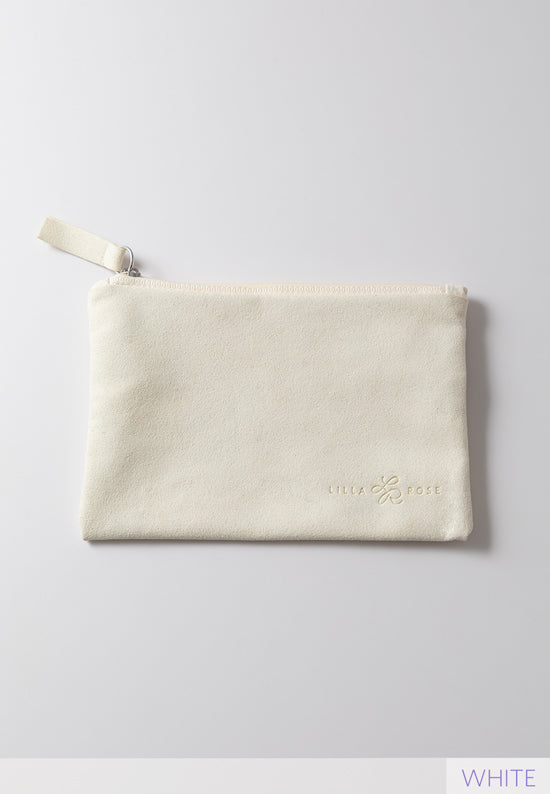 ivory colored faux-suede zipper-pouch bag with Lilla Rose logo debossed on lower right corner