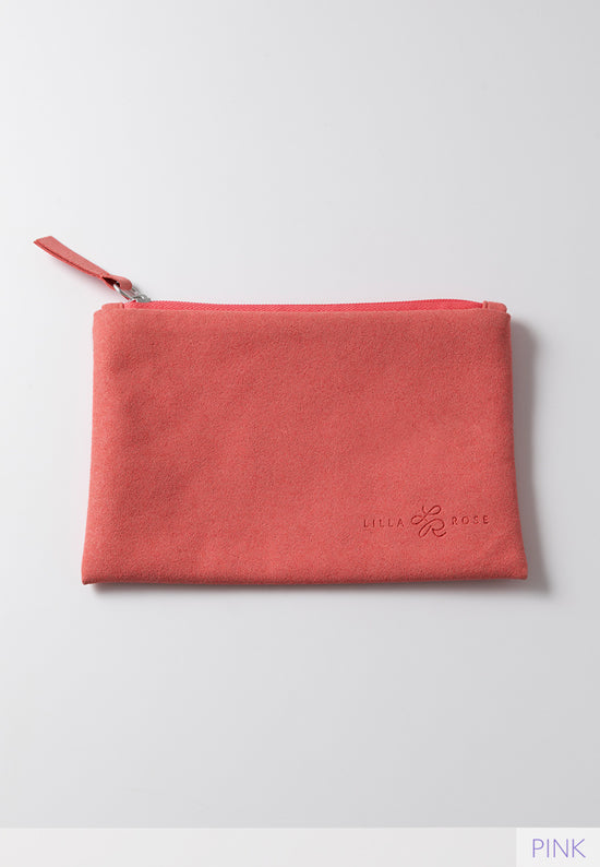 Coral pink faux-suede zipper-pouch bag
