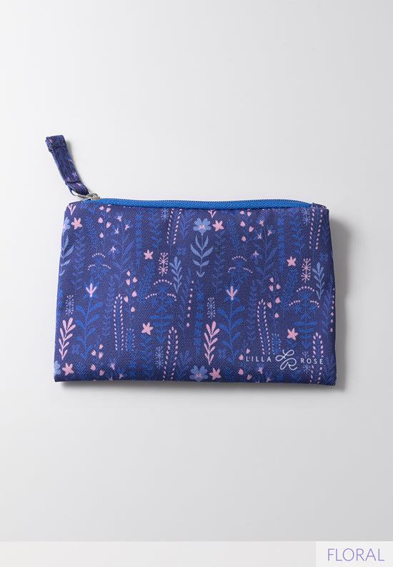 blue zipper-pouch bag with flowers printed in blue and pink