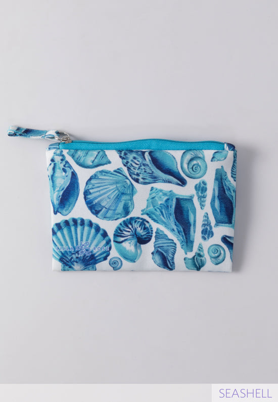 Blue white and turquoise shell print zipper pouch bag   