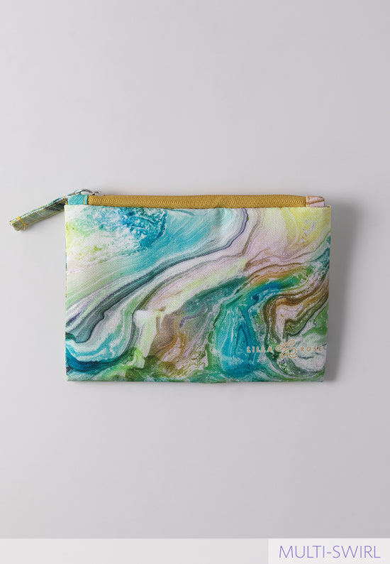 marble print zipper pouch in turquoise, yellow, green, and burnt orange with the Lilla Rose logo in lower corner.  