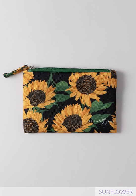 Sunflower print zipper pouch bag with lilla Rose logo in yellow orange brown black and green