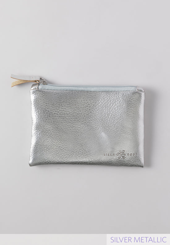 silver faux leather textured Lilla Rose zipper pouch 