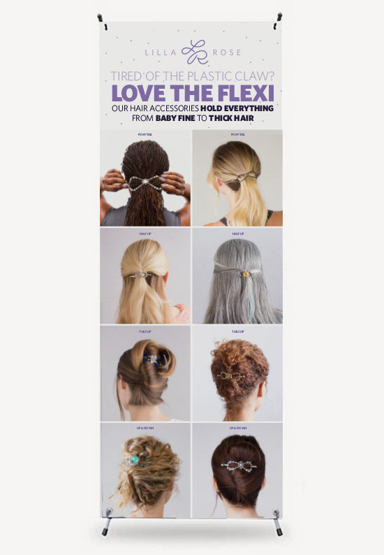 Large stand up banner showing different flexi hair clips and styles.